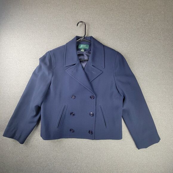 Lauren Ralph Lauren Size 12 Blue Double Breasted Cropped Blazer Nautical Peacoat - Picture 1 of 9